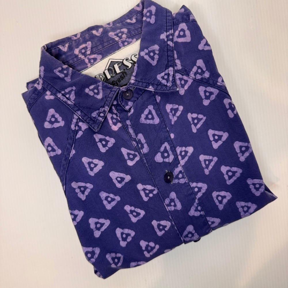 Vintage Button Down Shirt Size M Purple Batik Geometric Cotton Summer Casual - Picture 2 of 13